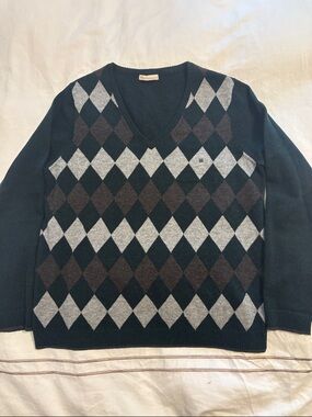 Men's V-Neck Argyle Sweater - Black with Gray & Brown Diamonds